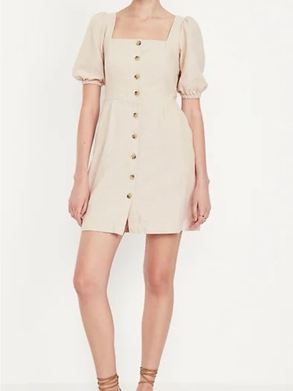 Old Navy Cream Square-Neck Button Front Puff Sleeve Mini Dress
